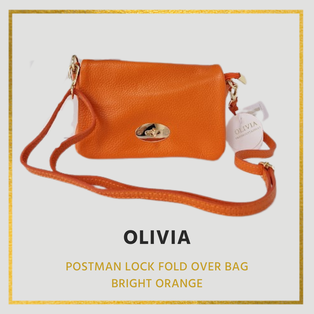 Olivia Leather Handbag, Flap over with postman lock detail