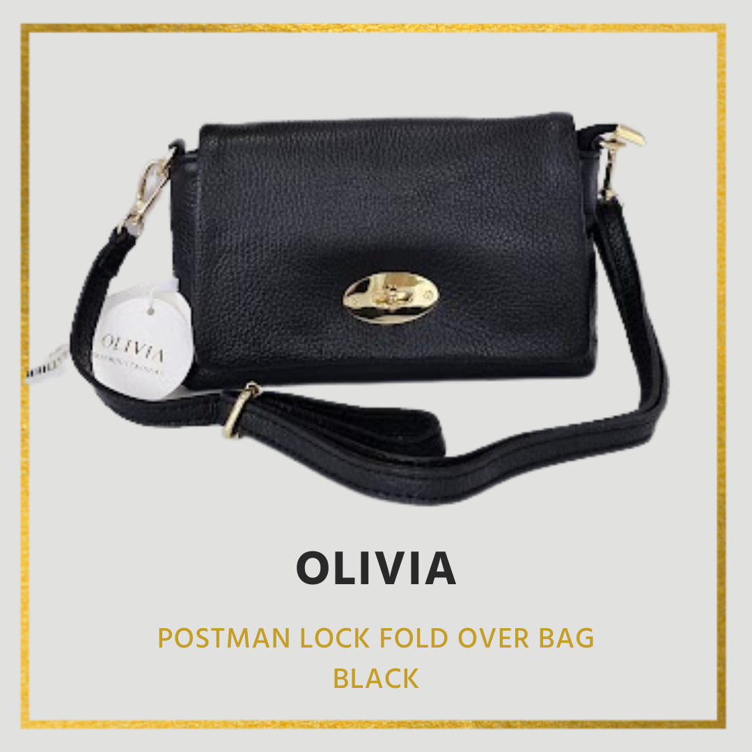 Olivia Leather Handbag, Flap over with postman lock detail