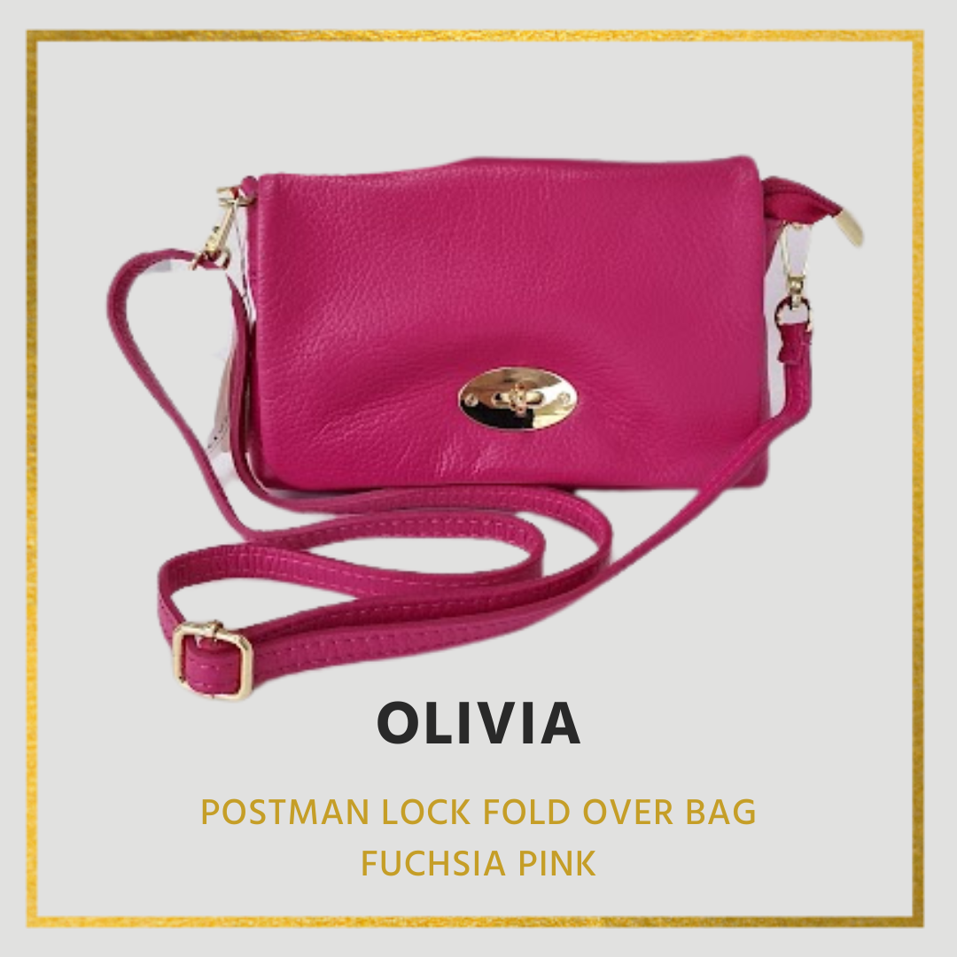 Olivia Leather Handbag, Flap over with postman lock detail