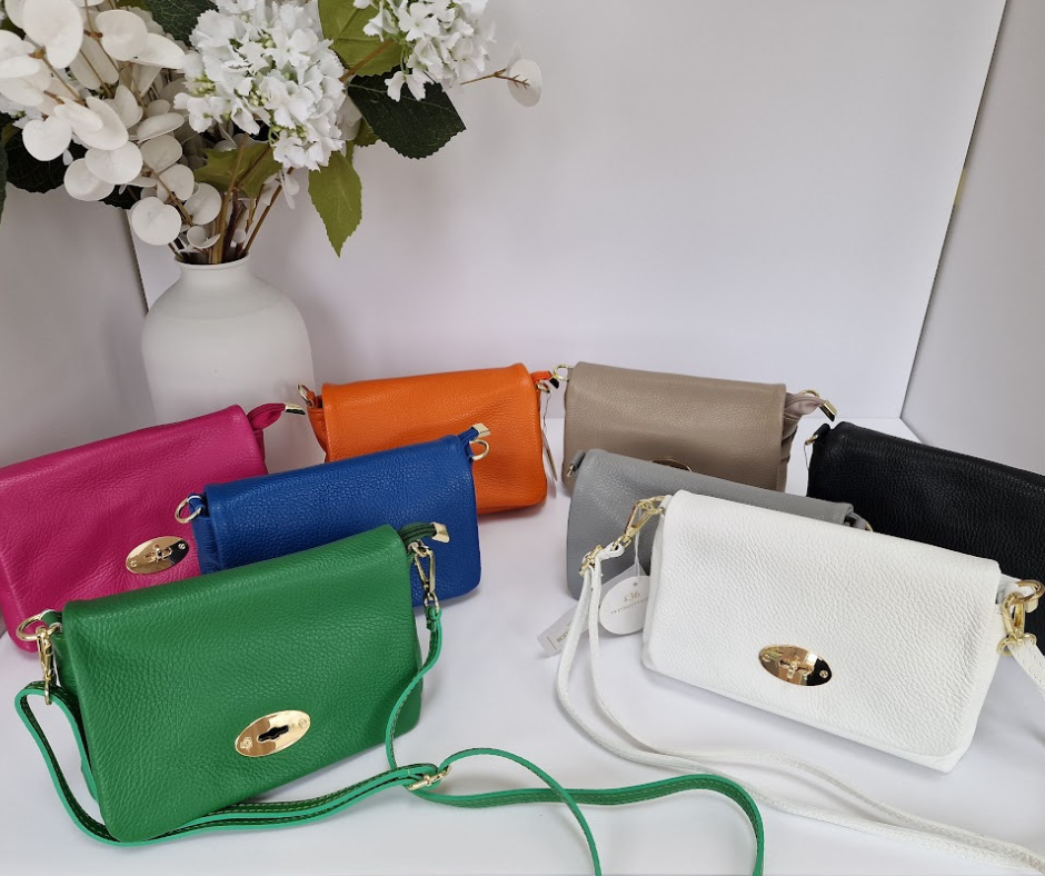 Olivia Leather Handbag, Flap over with postman lock detail