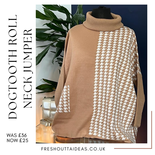Camel & White Dogtooth Roll Neck Jumper