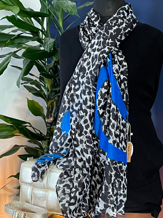 Grey Leopard print with statement blue heart design - Lightweight Scarf