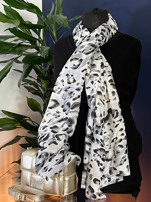 White with black/grey/gold leopard print design - Lightweight Scarf