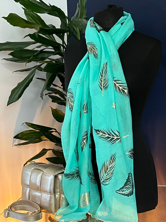 Aqua Green with gold/black floating feather design - Lightweight Scarf