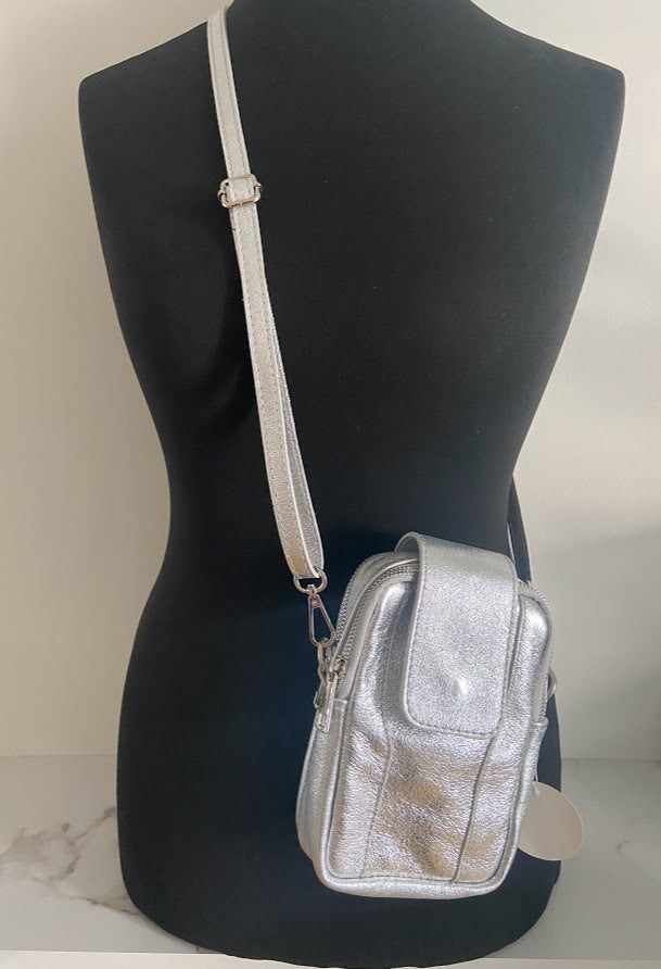 Leather Crossbody Phone/ Pouch Bag - Silver