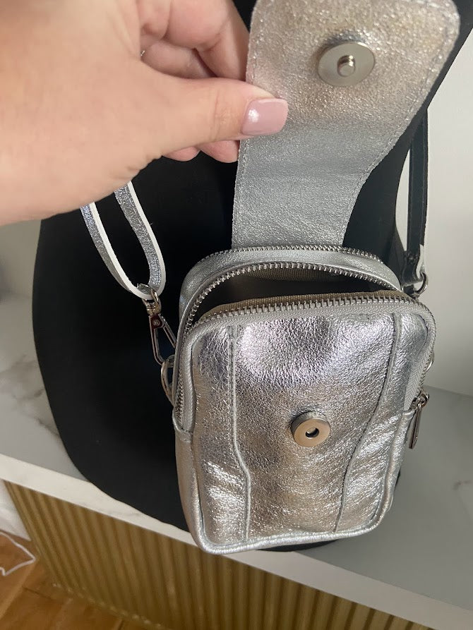 Leather Crossbody Phone/ Pouch Bag - Silver