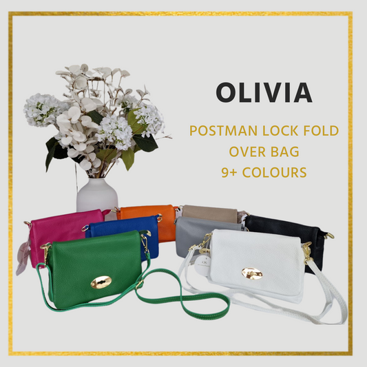 Olivia Leather Handbag, Flap over with postman lock detail