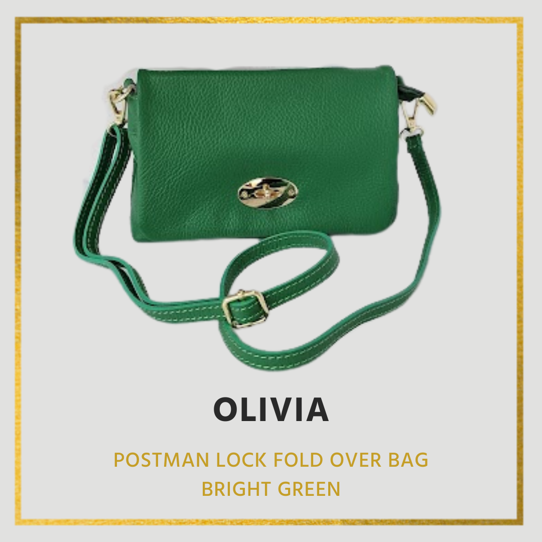 Olivia Leather Handbag, Flap over with postman lock detail