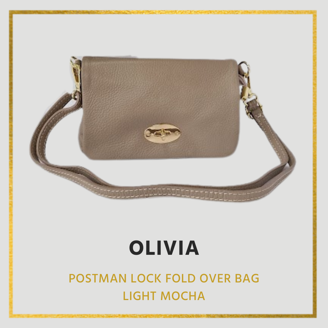 Olivia Leather Handbag, Flap over with postman lock detail