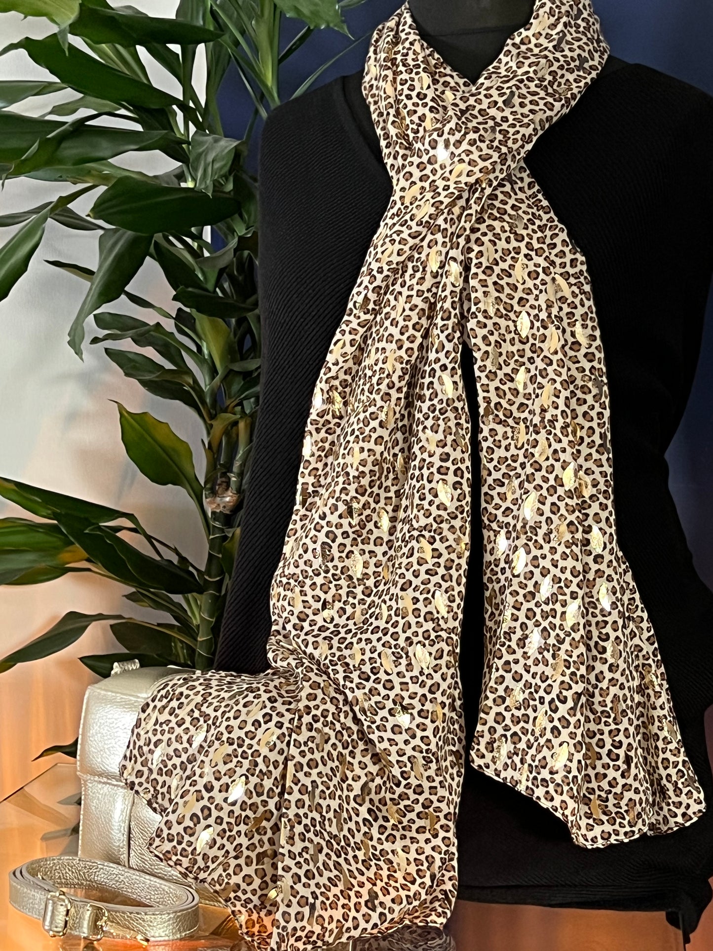 Mocha leopard print with gold leaf design - Lightweight Scarf