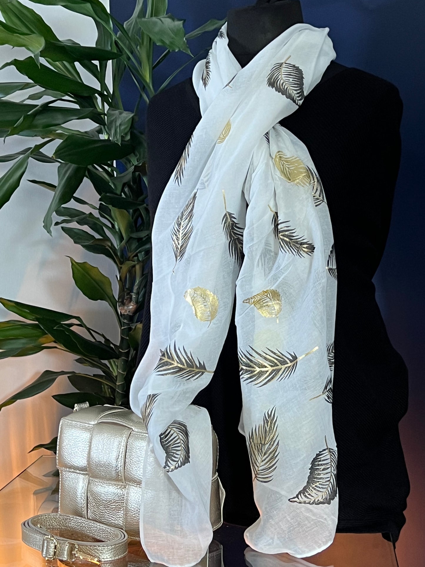 White with gold/black floating feather design - Lightweight Scarf
