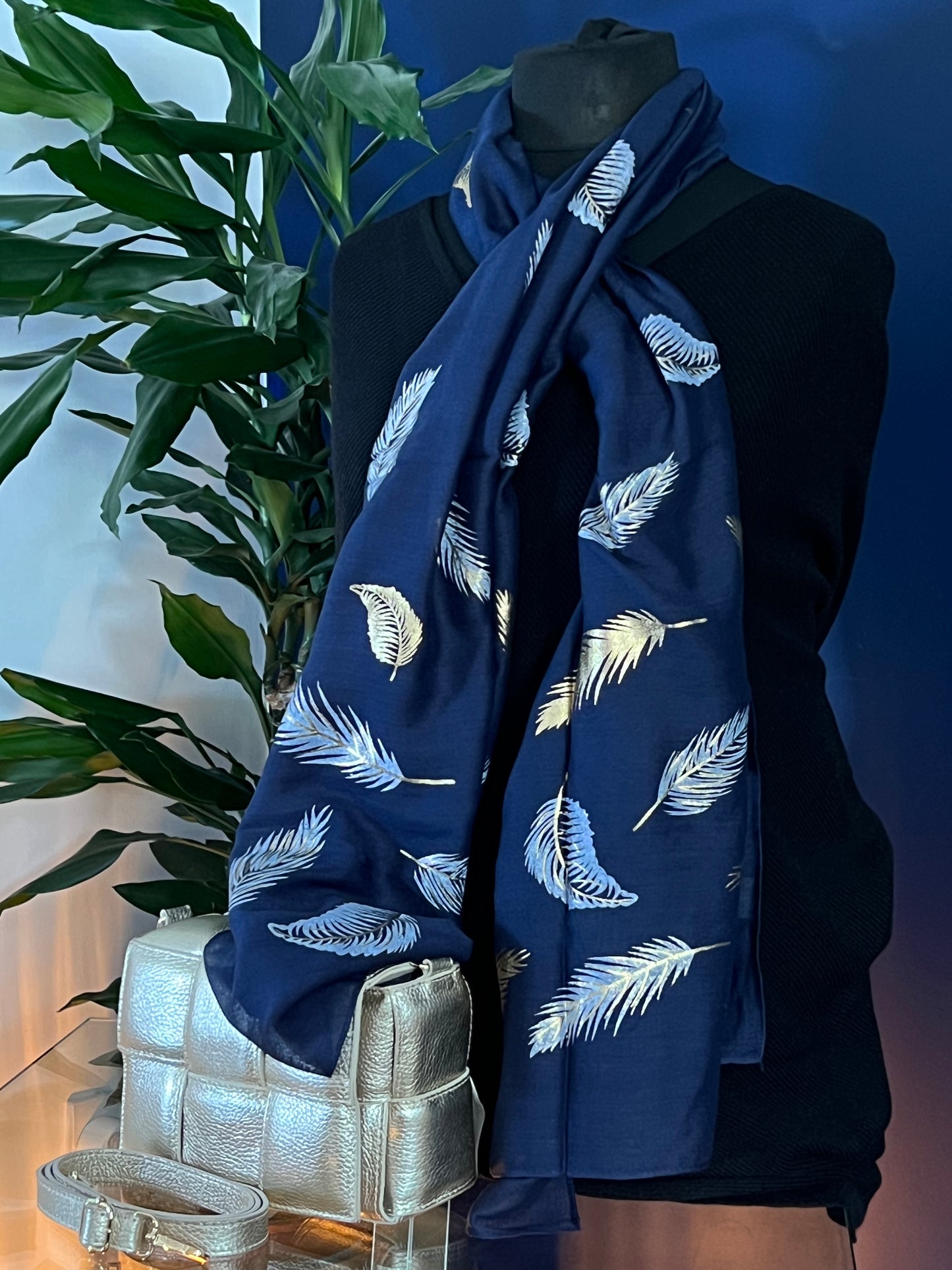 Navy with gold/black floating feather design - Lightweight Scarf