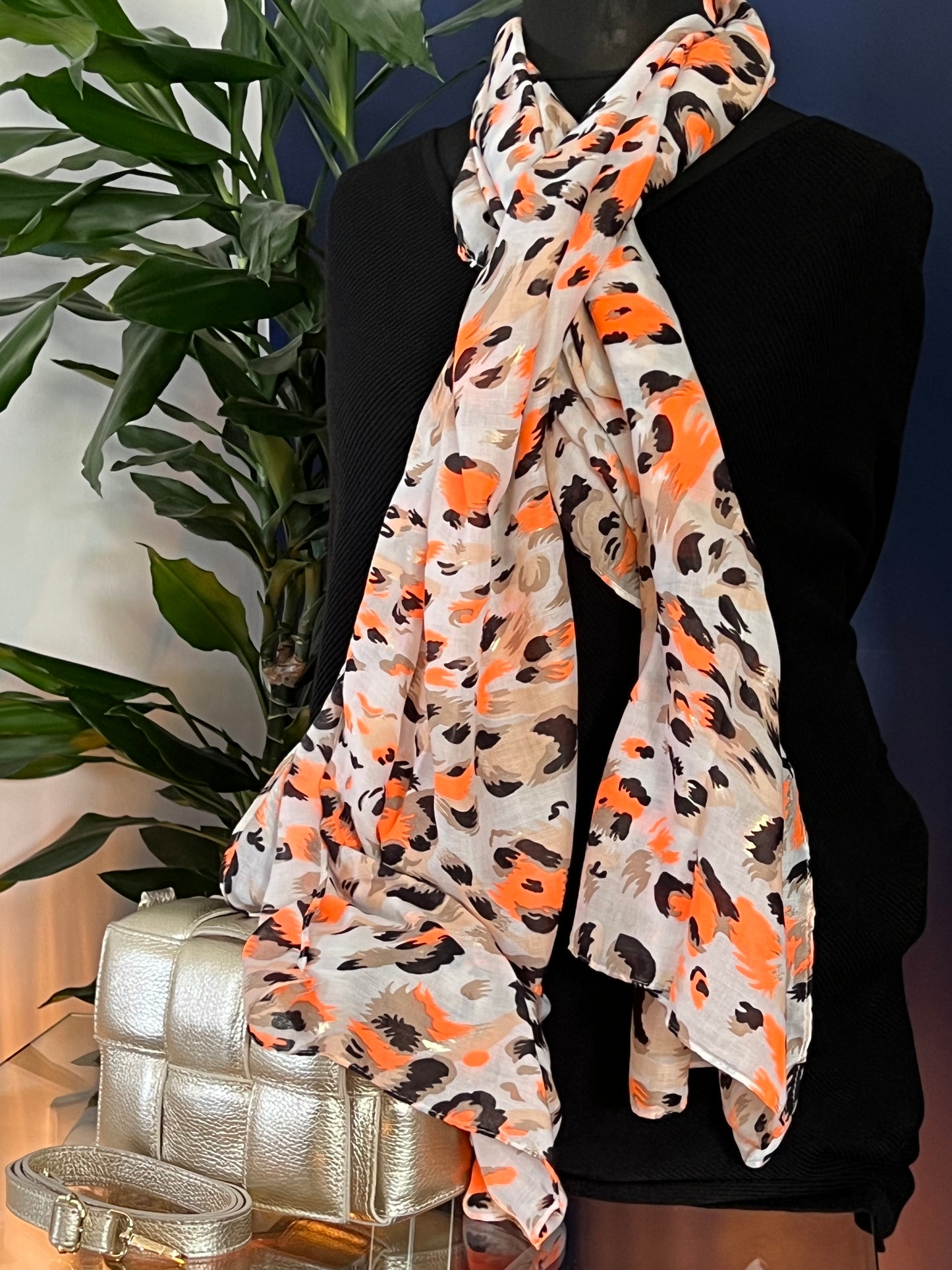 White with black/beige/orange leopard print design - Lightweight Scarf