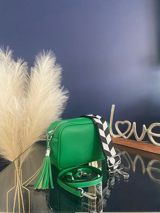 Sienna Vegan Crossbody Bag - Silver Hardware with 2 straps - Bright Green