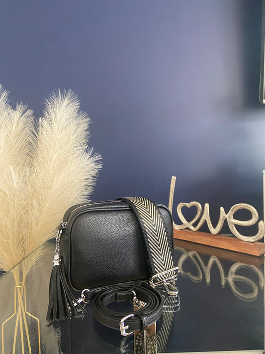 Sienna Vegan Crossbody Bag - Silver Hardware with 2 straps - Black