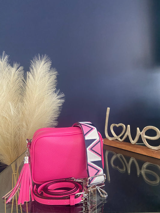 Sienna Vegan Crossbody Bag - Silver Hardware with 2 straps - Fuchsia Pink