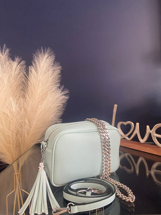 Sienna Vegan Crossbody Bag - Silver Hardware with 2 straps - Pastel Green