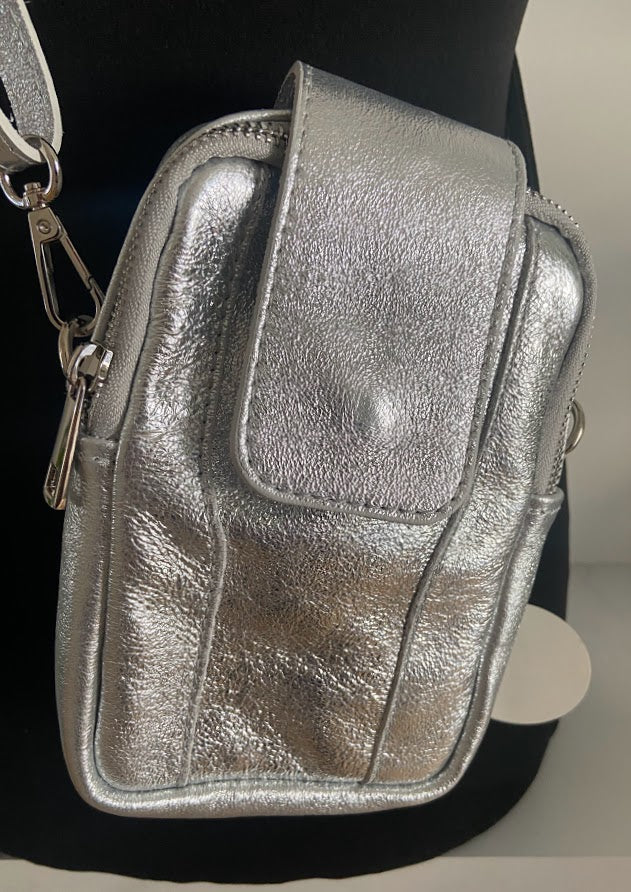 Leather Crossbody Phone/ Pouch Bag - Silver